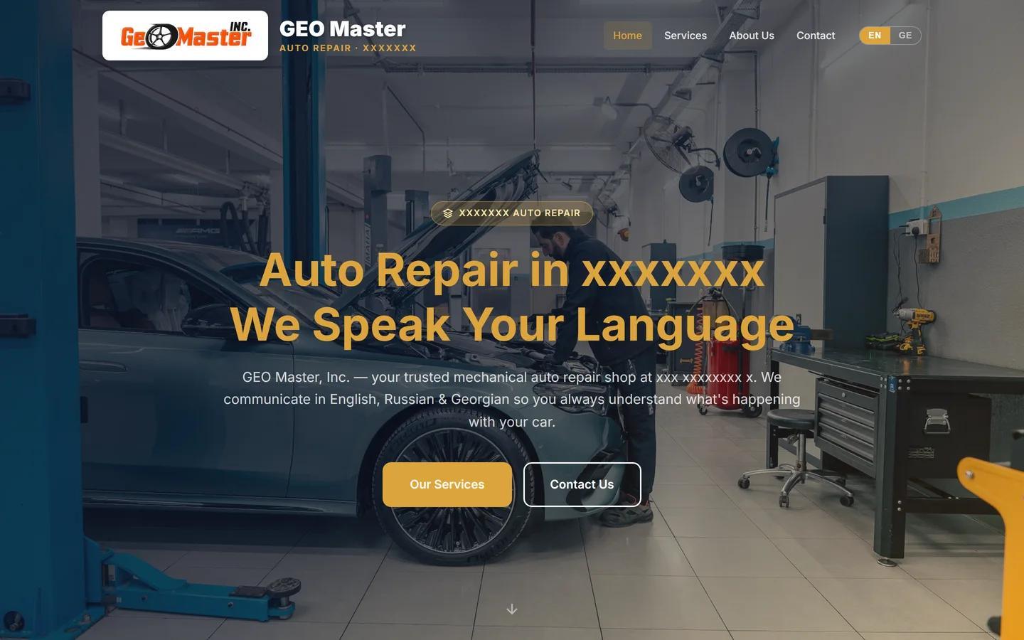 Auto repair shop website — homepage, desktop