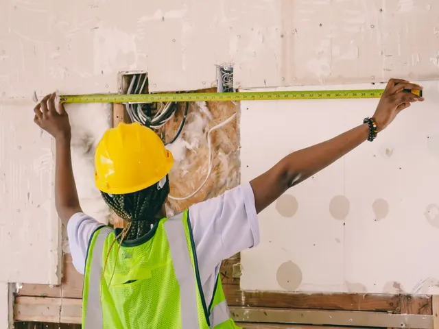 Contractor measuring a wall during a home renovation